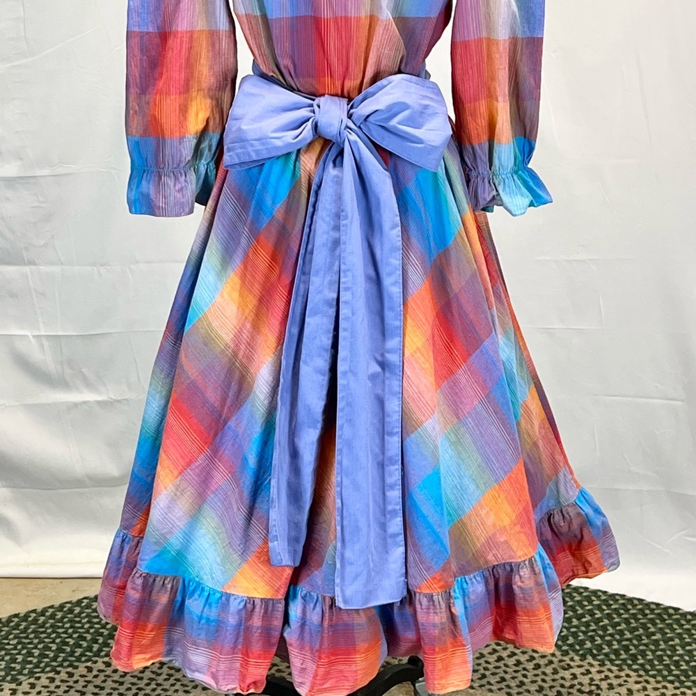VINTAGE 80s plaid prairie dress ruffle poet collar a-line long sleeve midi‎ - Picture 9 of 17